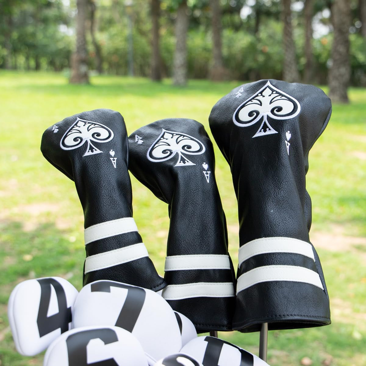 Black Golf Ace of Spade Golf Club Cover for Golf Clubs - Hybrid Headcover Golf Driver Headcover 3 Wood Head Cover (Rotatable 2 3 4 5 6 Ut Head Cover) Putter Headcover