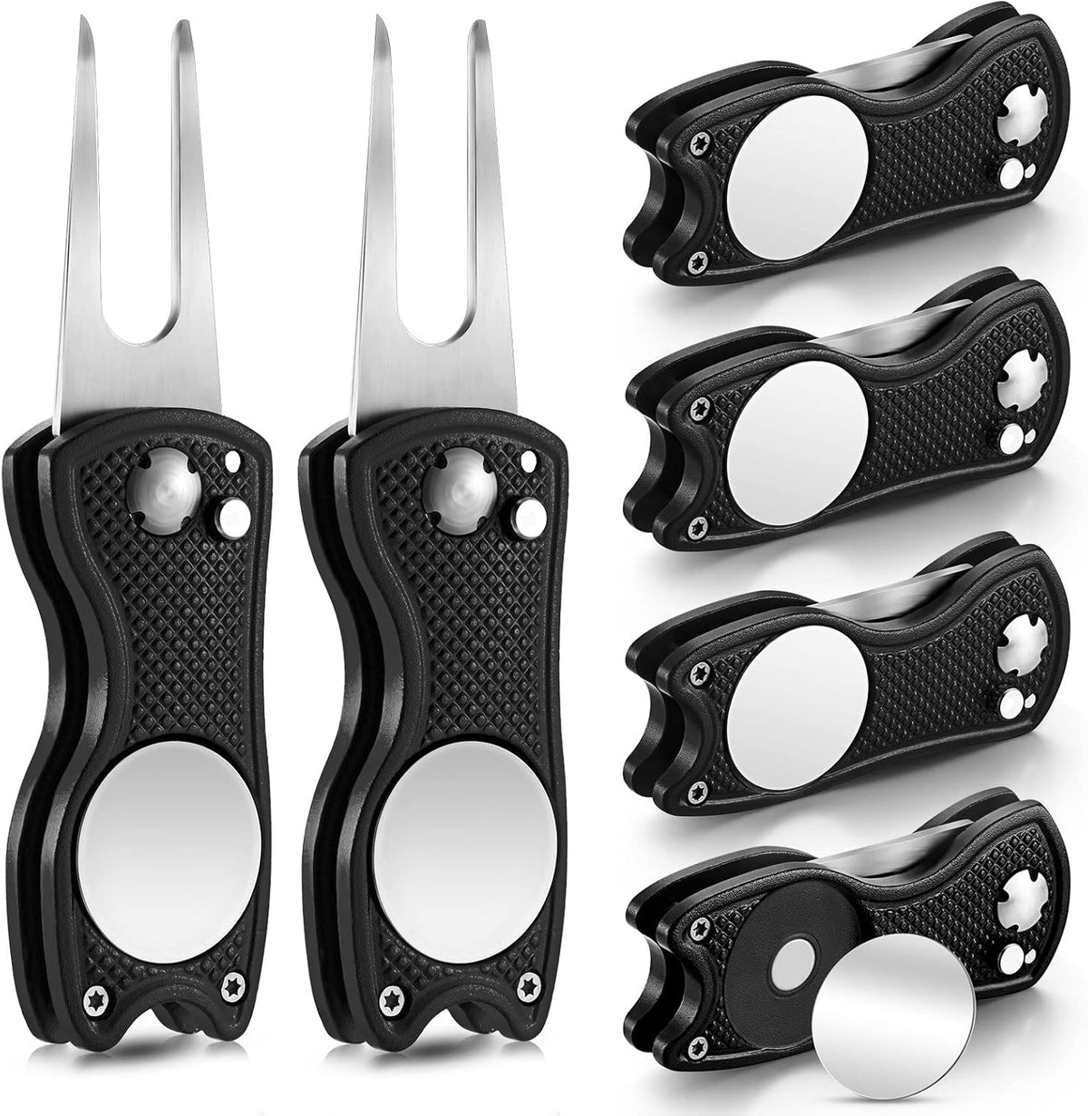 6 Packs Golf Repair Tool Stainless Steel Foldable Golf Divot Tool Magnetic Button Ball Marker