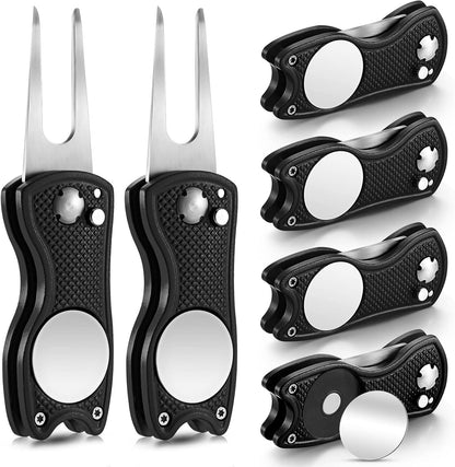 6 Packs Golf Repair Tool Stainless Steel Foldable Golf Divot Tool Magnetic Button Ball Marker