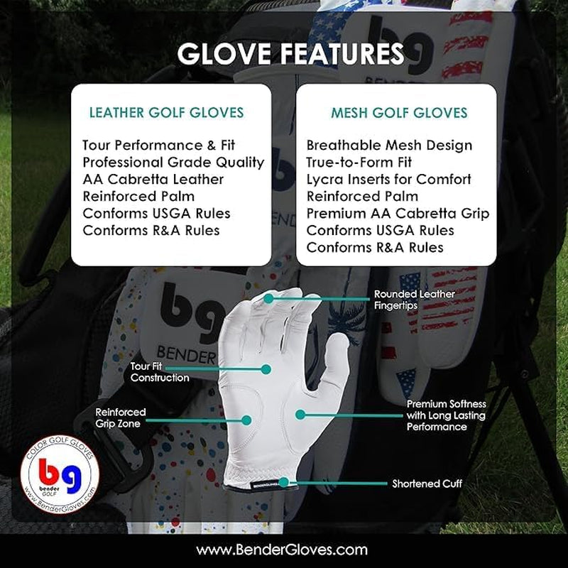 Bender - Mens Golf Glove, Durable Leather Golf Gloves, Unique Golf Gloves - Left-Hand Glove (Worn on the Left Hand/For Right-Handed Golfers)
